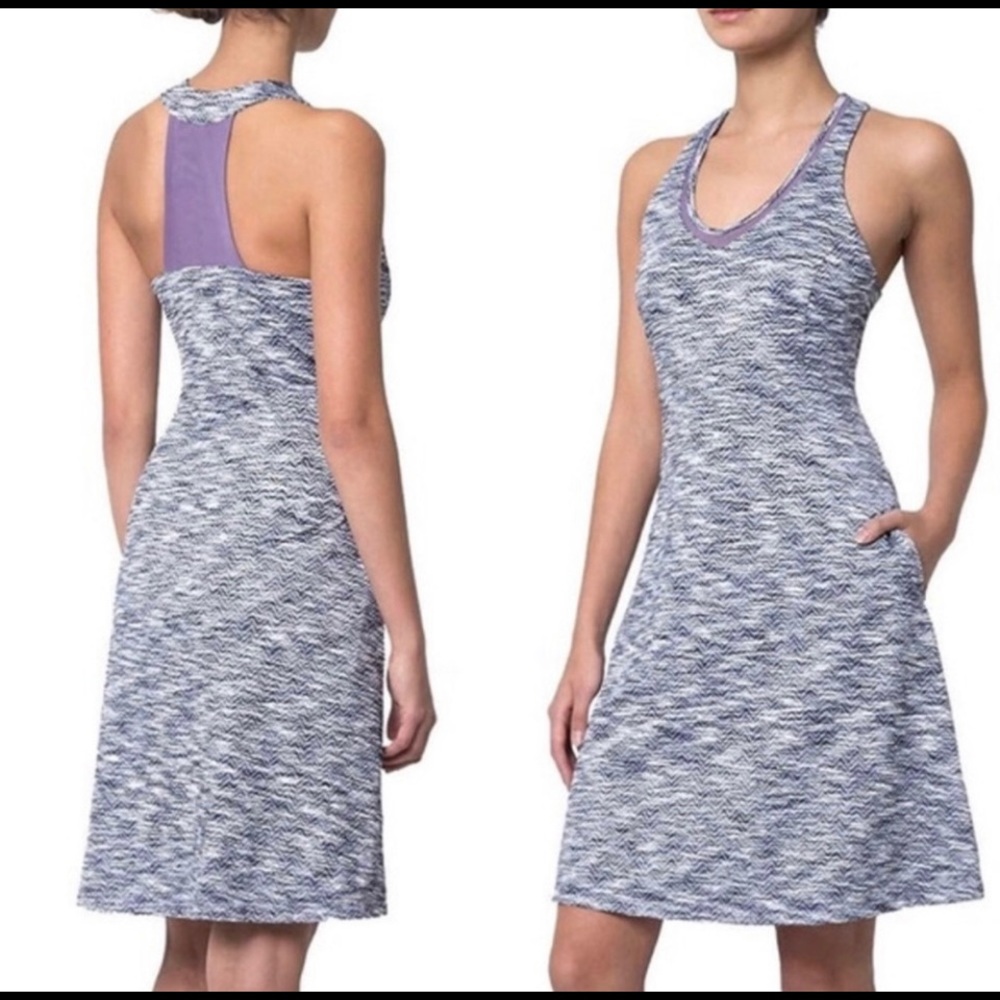 MPG Dress Athletic Sport Travel Shelf Bra Purple Gray Stripe A-Line Pockets M